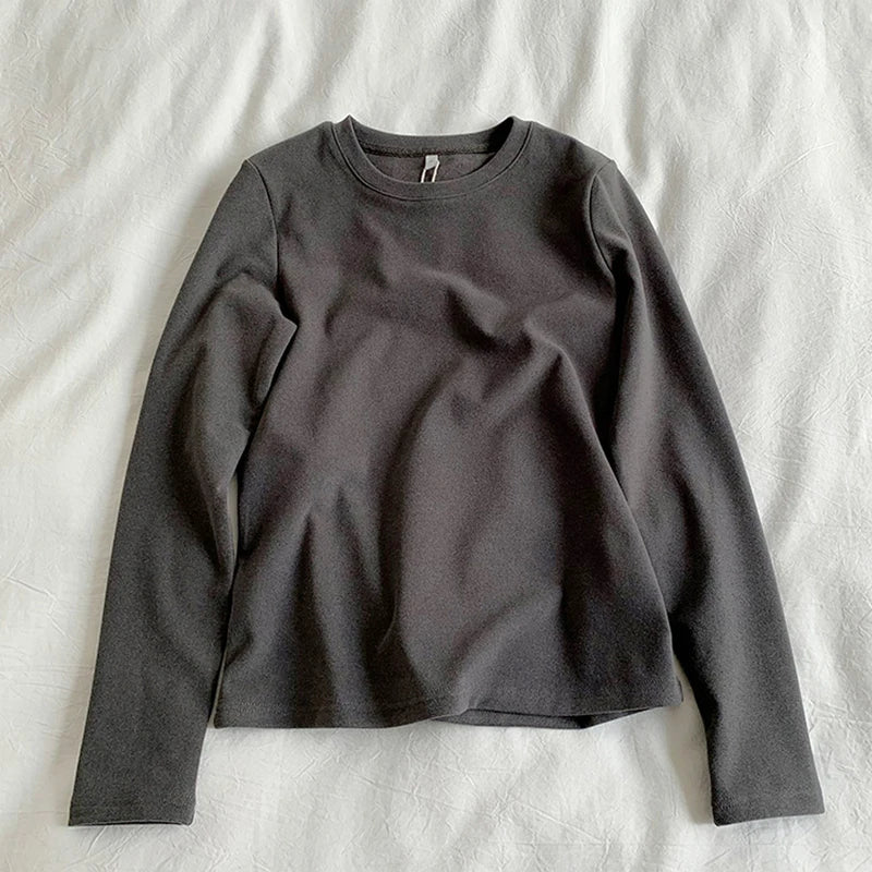 Women's Thermal Long Sleeve T-Shirt | Fleece-Lined Round Neck Top | Autumn Winter Fashionable Inner Wear
