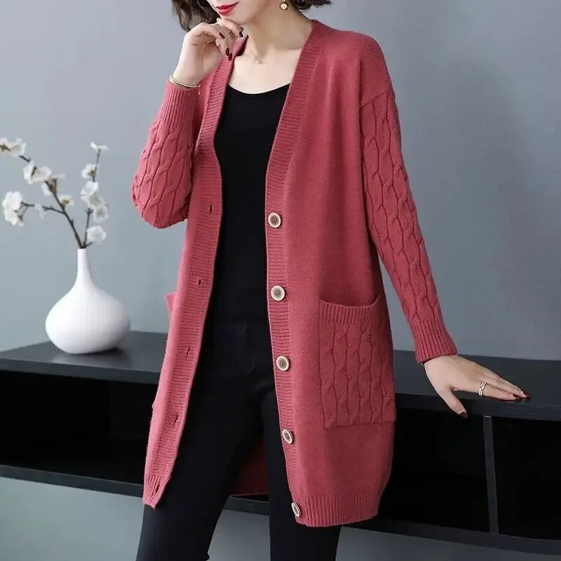 Sueter Mujer Invierno 2025 | Vintage Knitted V-Neck Cardigan | Women’s Casual Solid Sweater with Pockets