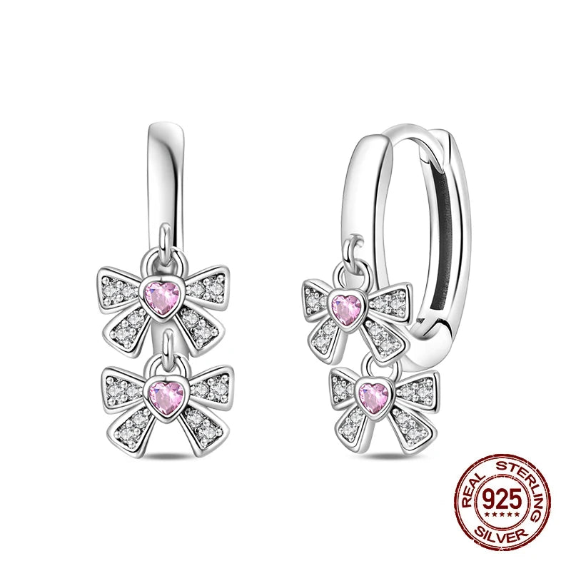 925 Sterling Silver Sweet Bow Heart Zircon Hoop Earrings | Women’s Shining Proluxy Fine Jewelry Gift for Engagement & Birthday