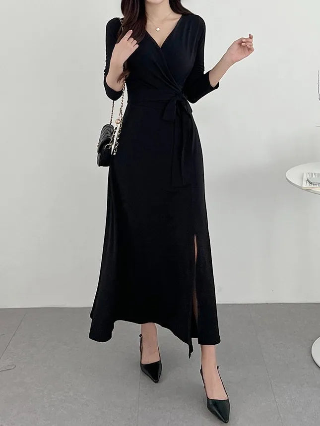 ✨ Slimming V-Neck Cross Wrap Long Dress 👗 Women's Base Layer Dress 🌸 Belted Waist Split Long Sleeve Colorful Commute Wear