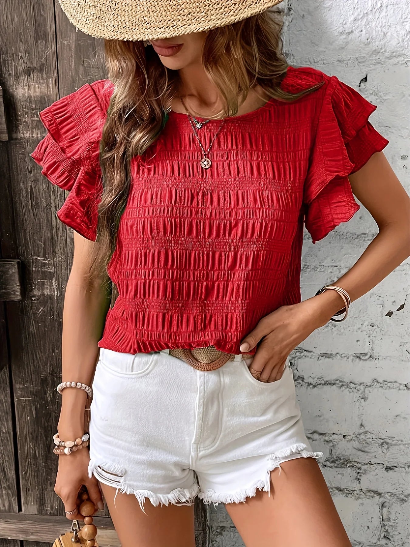 Summer Elegant Solid Shirt for Women – Casual Office Blouse with Vintage Butterfly Sleeve & O-Neck Top