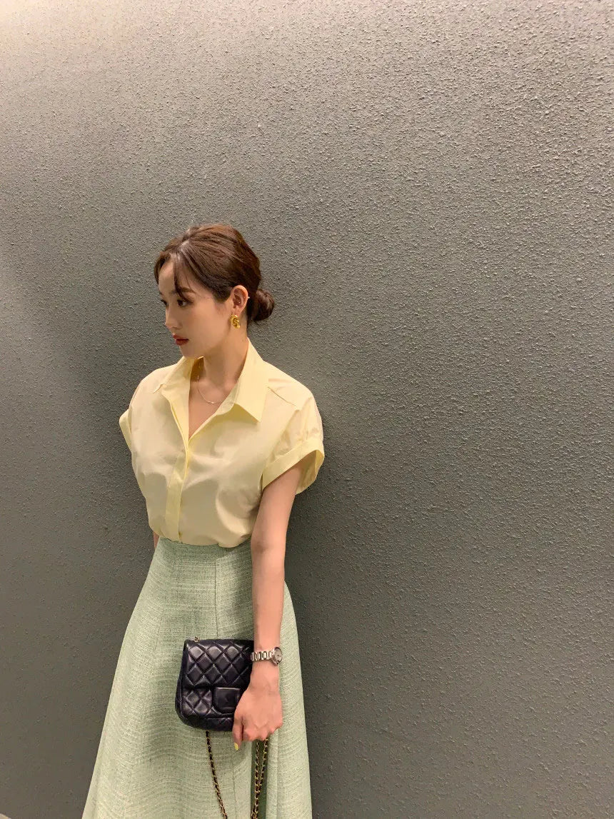 Chic Summer Loose Women’s Shirt | Classic Pure Color Professional Blouse with Small Lapel Collar