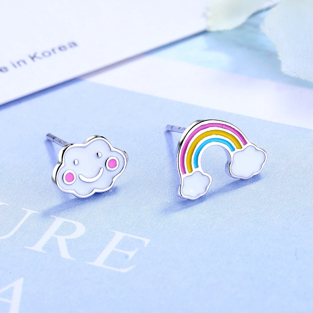Real Pure 925 Sterling Silver Rainbow Stud Earrings for Women & Girls – Cute Korean Japanese Style