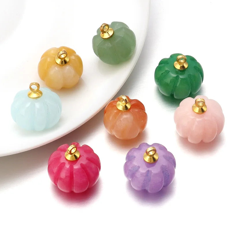 5pcs Natural Stone Pumpkin Pendants | Rose Quartz & Green Aventurine Charms for DIY Jewelry Making