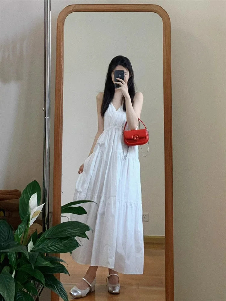 Women’s White V-Neck Backless Strap Dress – Summer Fairy Beach Vacation Long Skirt, Elegant Loose Waist Gown