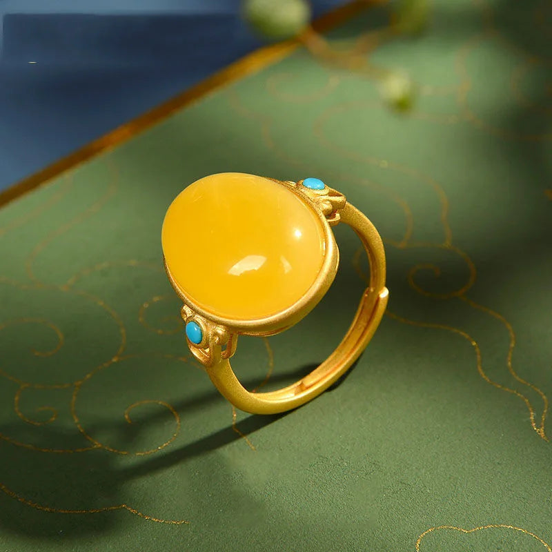 PANJBJ 925 Sterling Silver Hotan Jade Geometric Adjustable Ring | Retro Delicate Jewelry Gift for Women