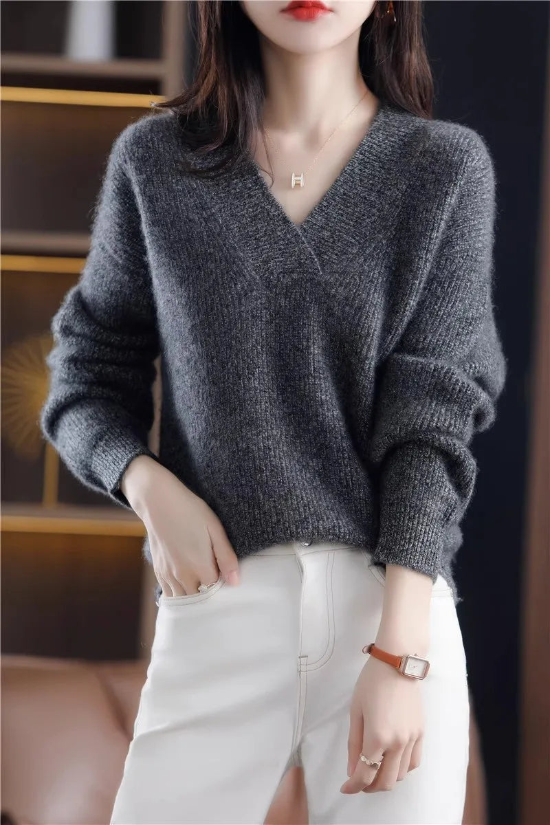 Autumn Winter Women’s V-Neck Knit Sweater – Solid Loose Pullover Soft Warm Casual Top