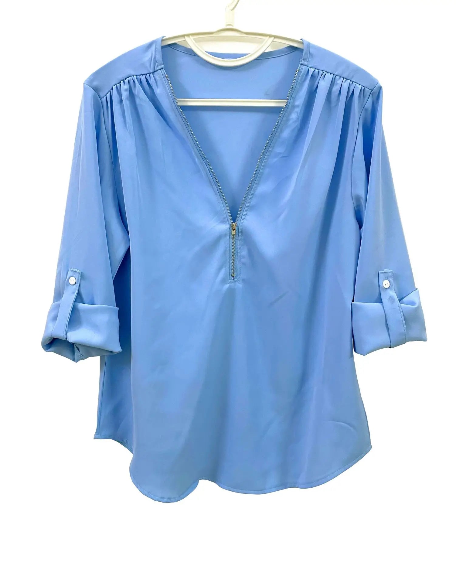Summer Women’s Chiffon Blouse | Deep V-Neck Zipper Tops | Casual Loose Long Sleeve Plus Size Shirt