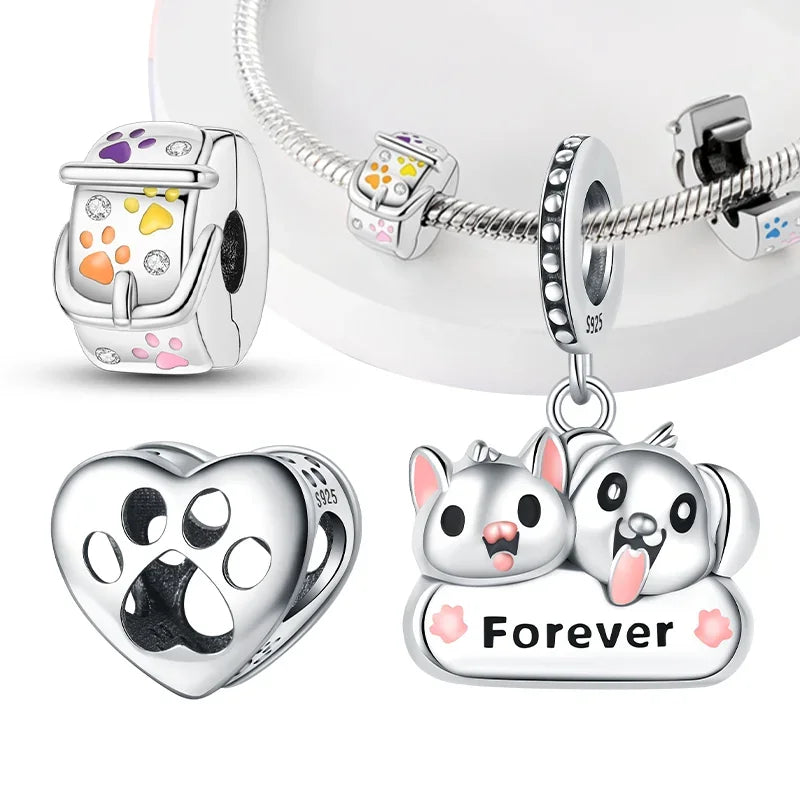 925 Sterling Silver Cat & Dog Paw Charms | Animal Pendant Beads Fit Pandora Bracelet | Women’s DIY Jewelry Gift