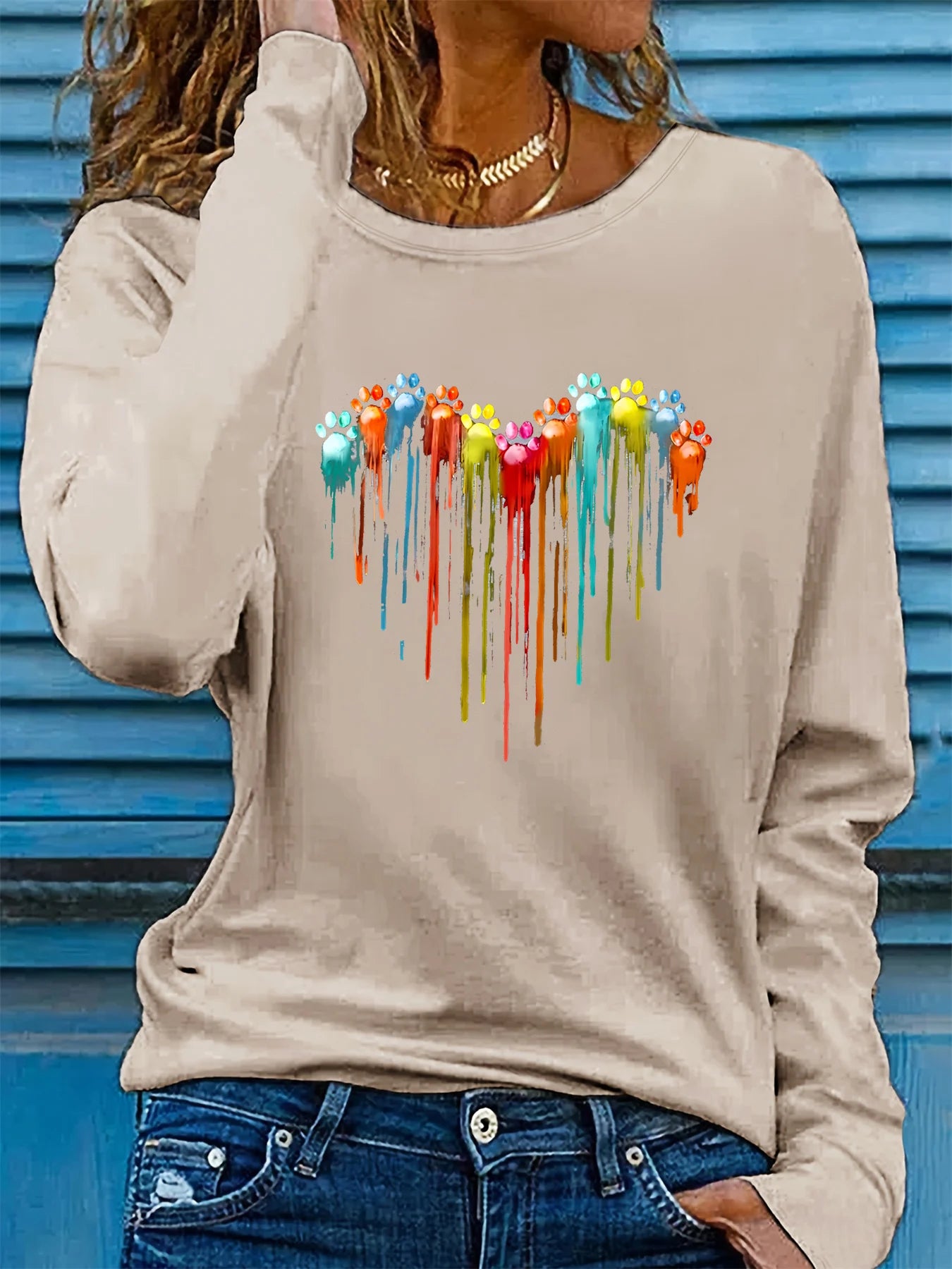 Women’s Autumn Heart Paw 3D Print Long Sleeve T-Shirt – Casual Oversized Fashion Top