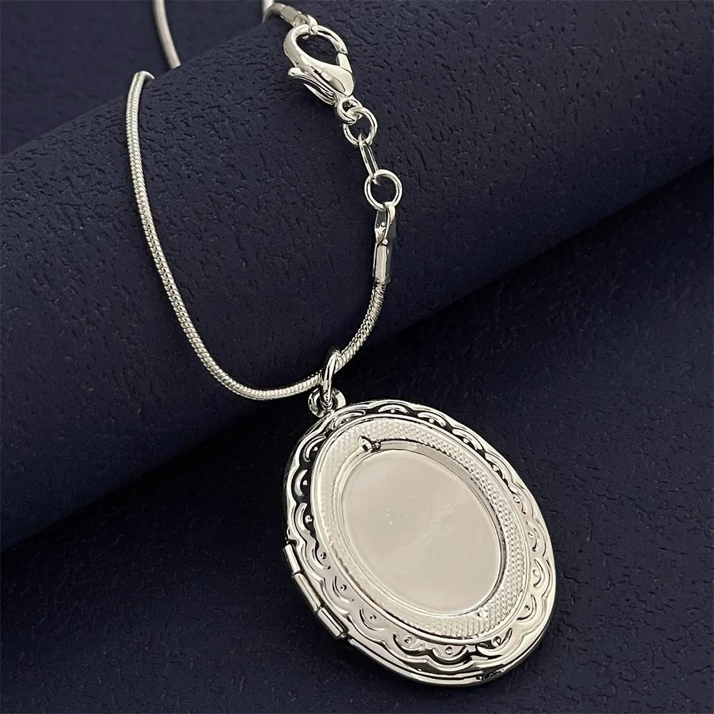925 Sterling Silver Oval Photo Frame Pendant Necklace | Snake Bone Chain | Fashion Simple Jewelry