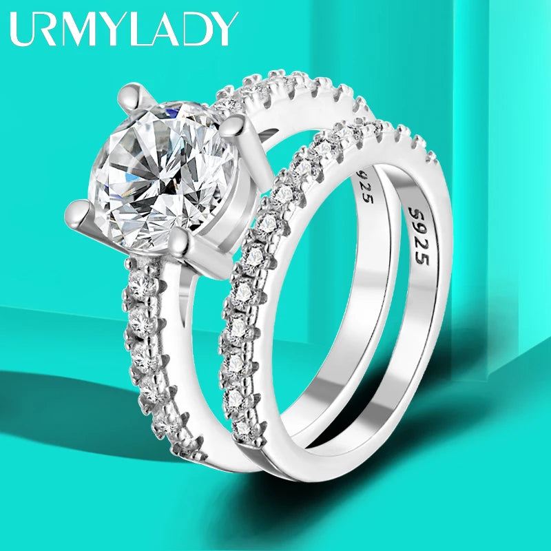 URMYLADY 3 Carat Moissanite Ring Set for Women – 925 Sterling Silver Four Claw Band, 18K Gold Plated