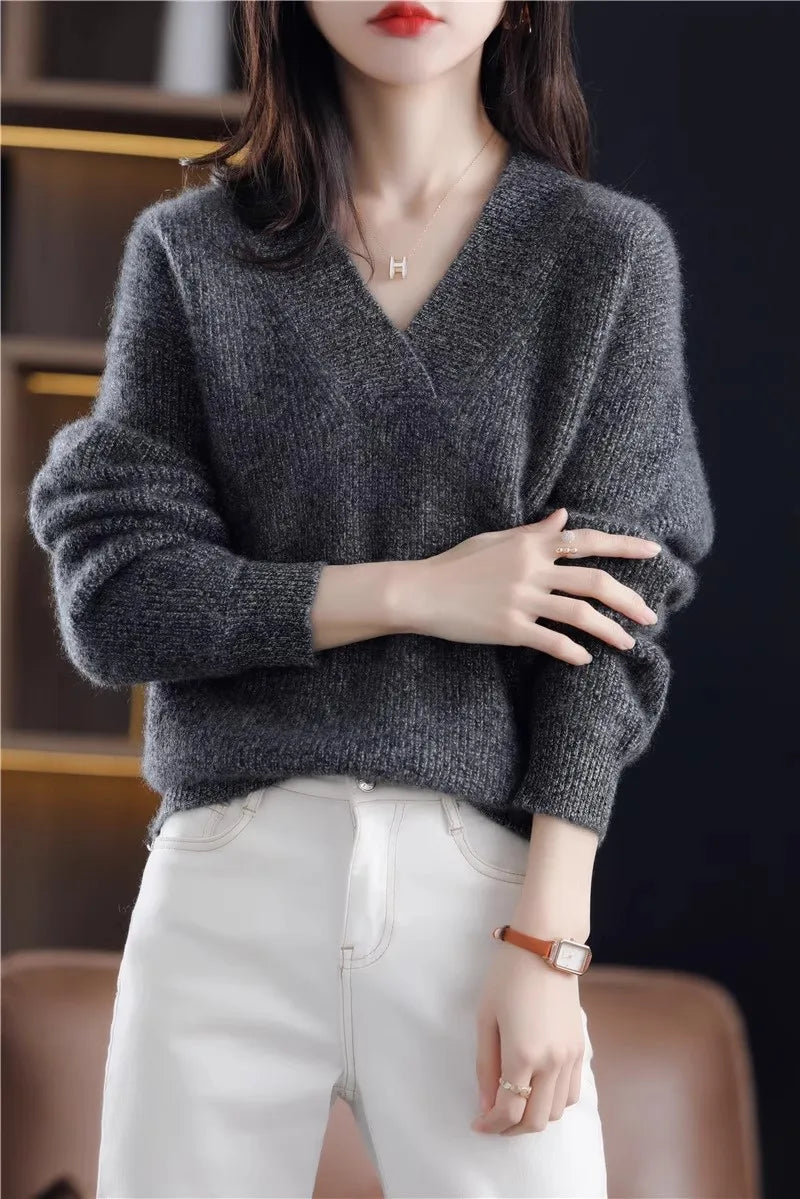 Autumn Winter Women’s V-Neck Knit Sweater – Solid Loose Pullover Soft Warm Casual Top