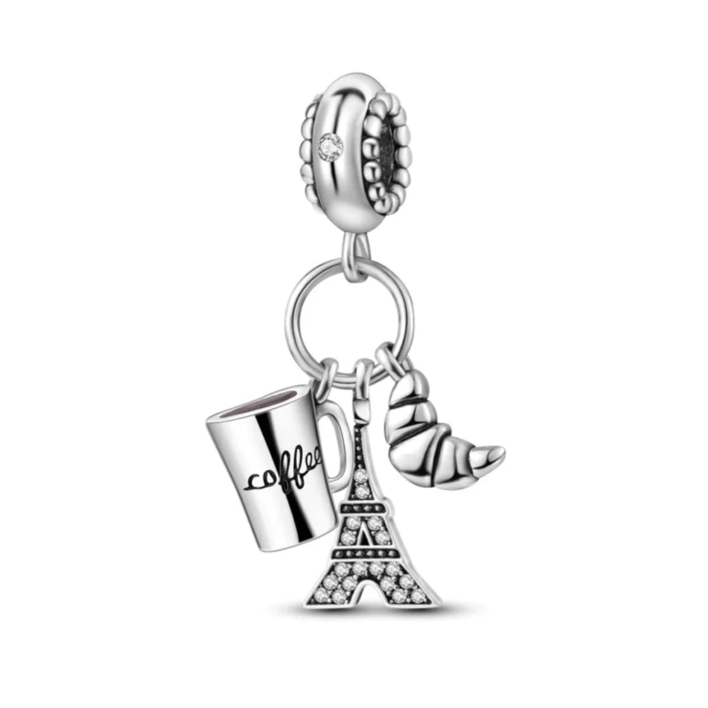 New 925 Sterling Silver Travel & Food Charm Beads – Wine, Lobster, Chili, Passport, Eiffel Tower, Plane & Beer for Pandora Bracelet