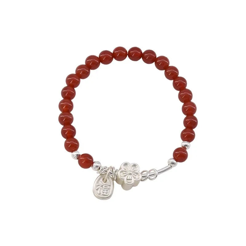 VENTFILLE 925 Sterling Silver Red Agate Bracelet | Flower Pendant Lucky Bead | Original Jewelry Gift for Women