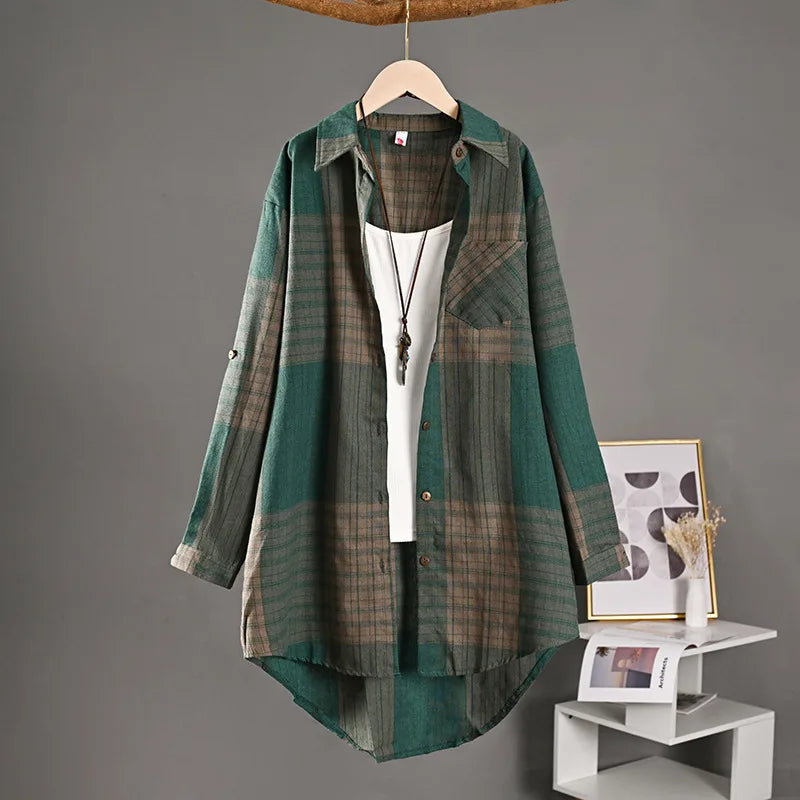 Women’s Checkered Linen Shirt – Buttoned Long Sleeve Vintage Elegant Blouse 👚✨