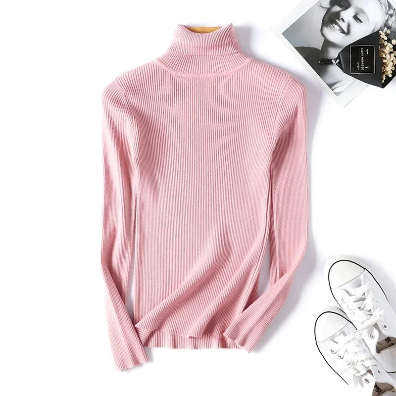 Women’s Knitted Turtleneck Sweater | Autumn Winter Slim Fit Ribbed Polo-Neck Jumper Pullover