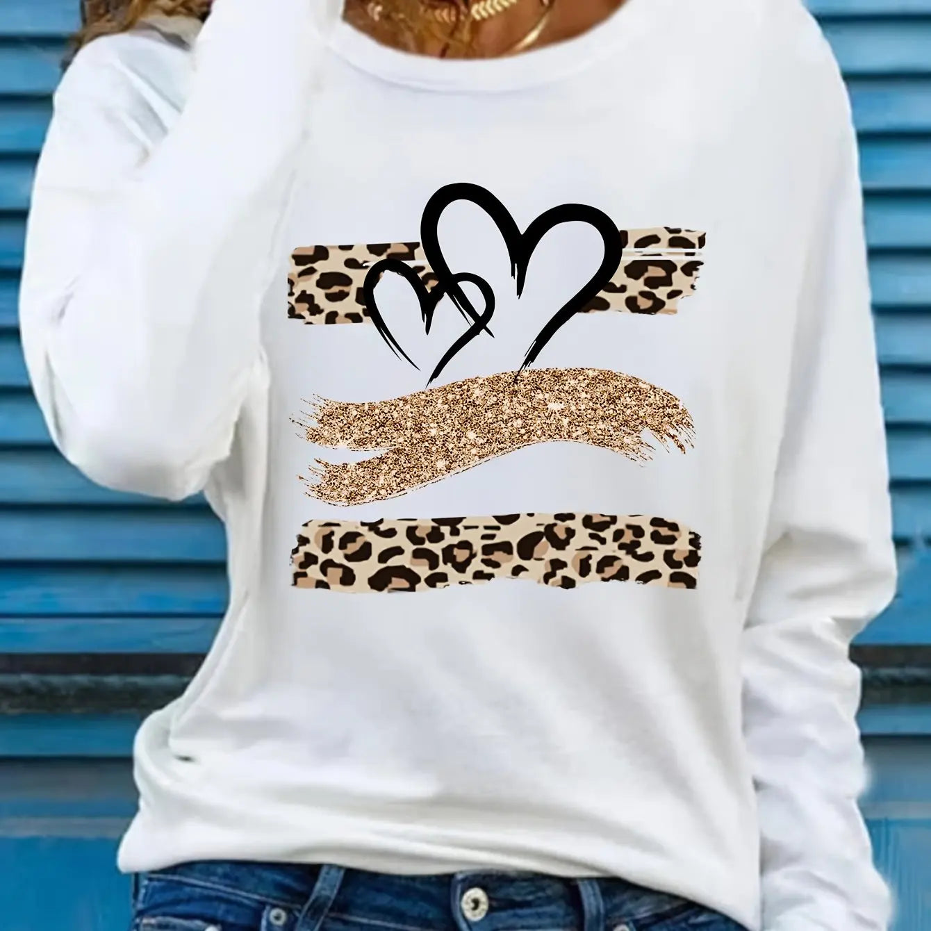Women’s Spring Autumn 100% Cotton Long Sleeve T-Shirt – Casual Loose Round Neck with Leopard & Heart Print