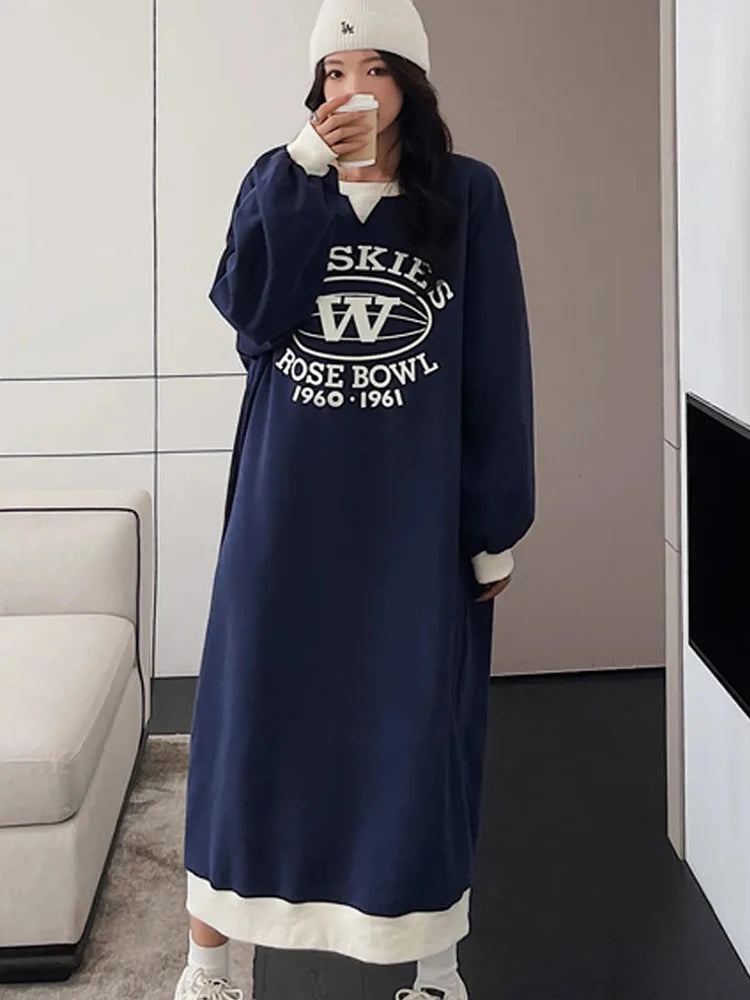 Plus Size Korean Style Loose Casual Sweatshirt Dress – A-Line Skirt, Long Sleeve Mid-Length | Weight Loss Friendly