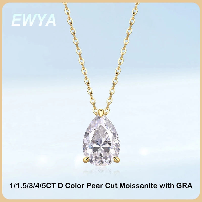 EWYA Solitaire Pear Cut Moissanite Diamond Pendant Necklace 1-5CT D Color 925 Silver 18K Rose Gold Chain for Women
