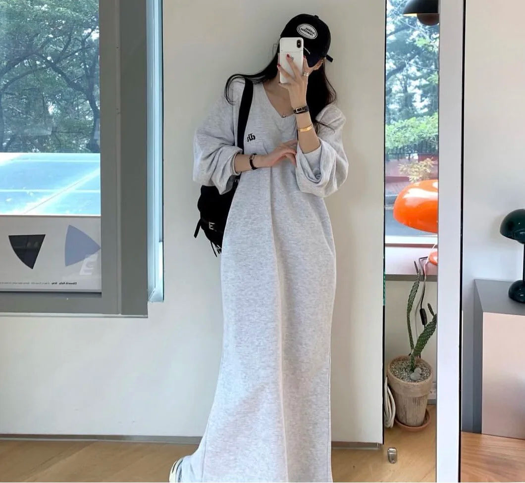 Autumn Winter Lazy Style V-Neck Embroidered Letter Loose Sweatshirt Dress – Long Sleeve Sweet Lantern Sleeve Women’s Casual Dress