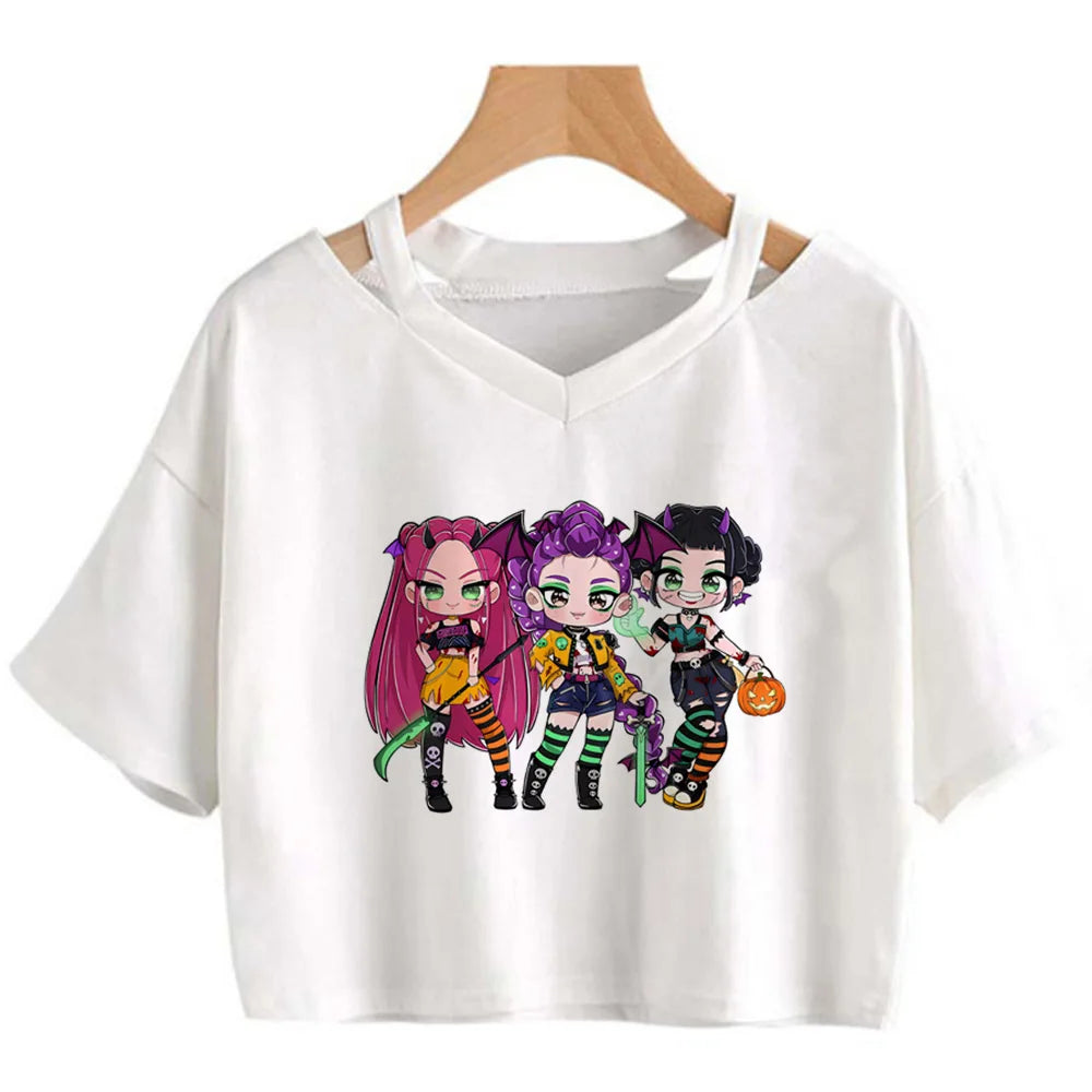 Kpop Demon Hunters Girls Crop T-Shirt – Women’s O-Neck Summer Y2K Punk Sleeveless Top
