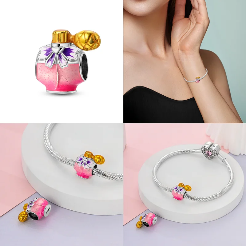 925 Sterling Silver Perfume Bottle Charm Bead – Fits Pandora Bracelet DIY Jewelry Gift for Women