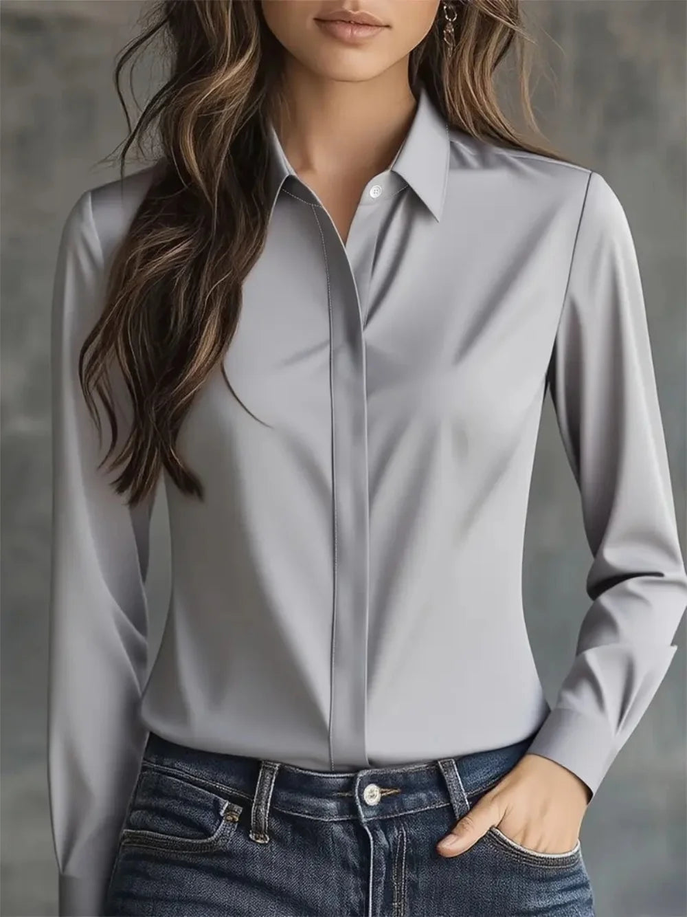 Autumn Satin Shirt for Women 🍂 Solid Color Lapel Long Sleeve Blouse ✨