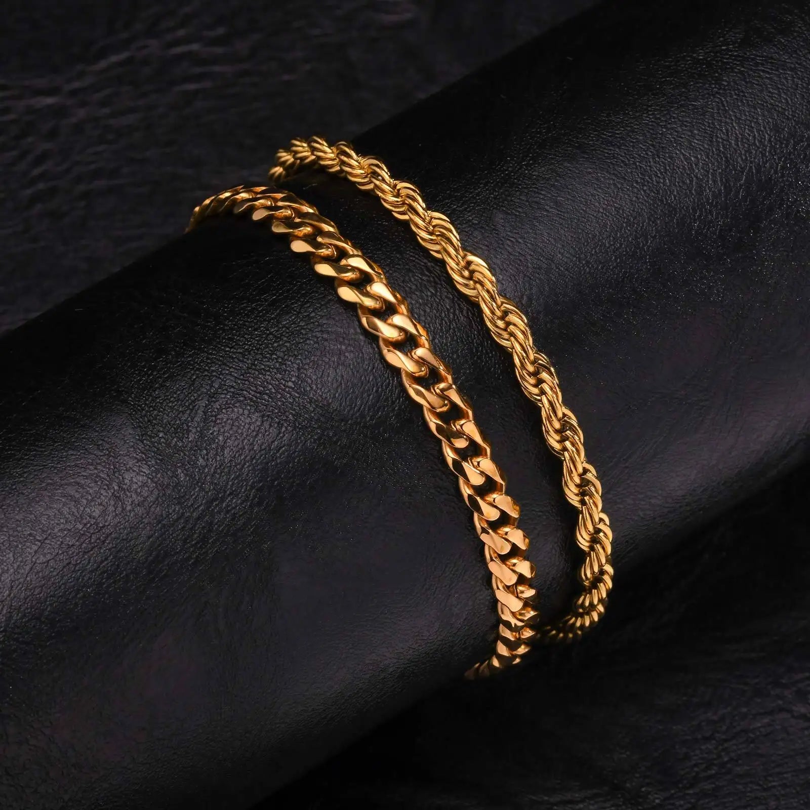 2PCS Men’s Chain Bracelets – Silver, Gold & Black Stainless Steel Twisted Rope Cuban Chain