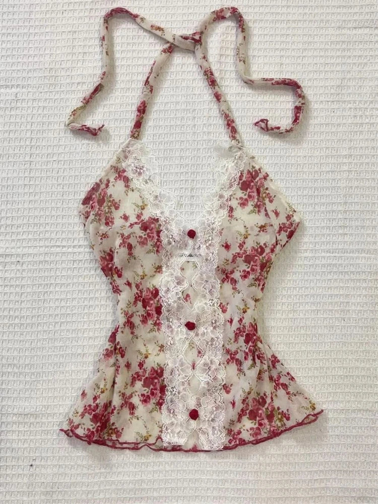 2025 Summer Women’s Floral Halter Lace Blouse – Vintage Sexy Slim Fit Korean Fashion Top