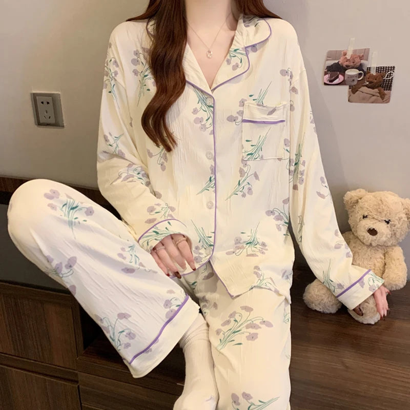 🌸 Pink Bow Pajamas Set for Women 💖 Long Sleeve Top & Elastic Waist Pants 🛌 Harajuku Style Casual Home Wear