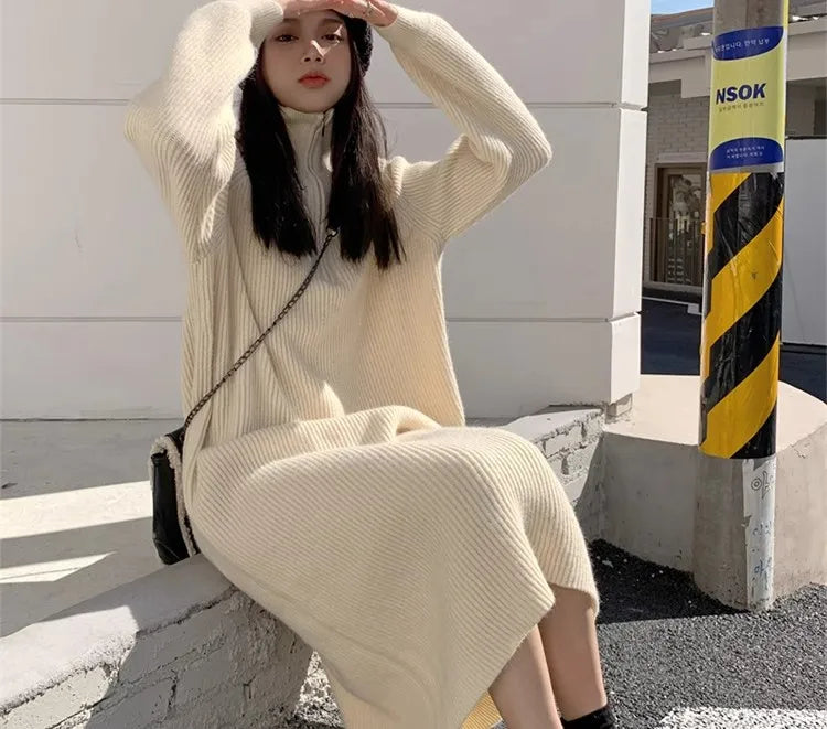 Autumn Winter Knitted Zipper Collar Dress for Women – Long Sleeve Loose Fit Pure Color H-Shape Casual Warm Dress