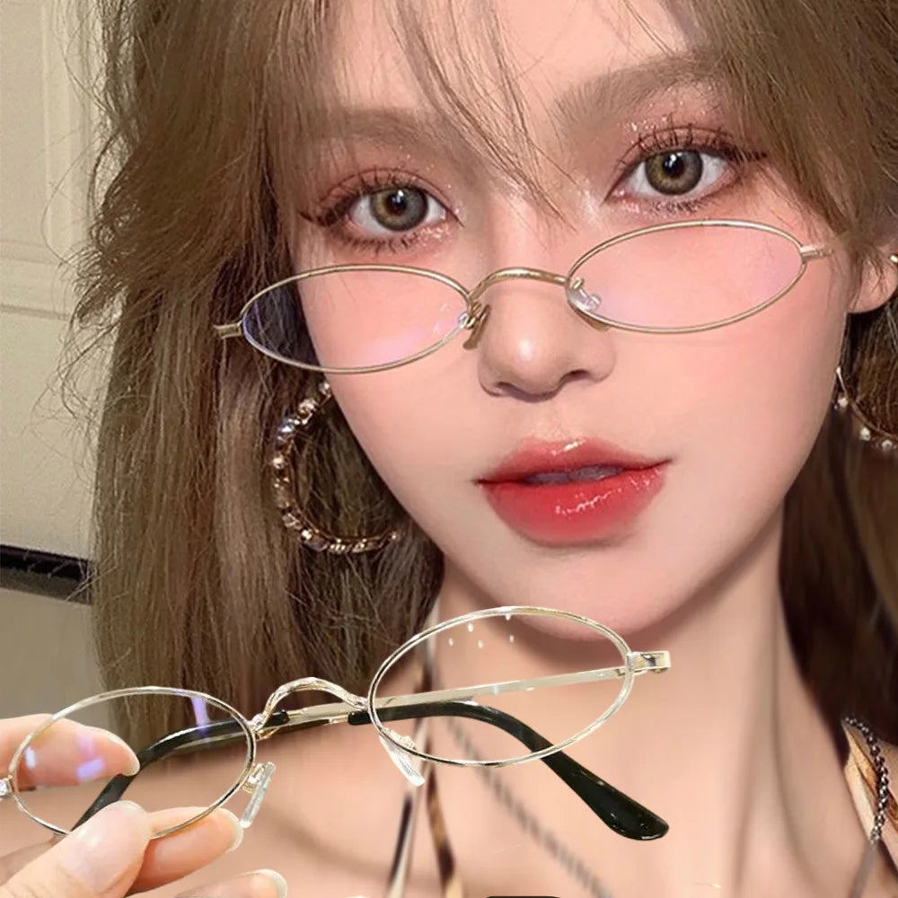 Y2K Small Oval Metal Glasses – Women & Girls Vintage Decorative Eyeglasses | Anti Blue Light Presbyopic Reading Eyewear