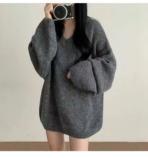 Soft Cozy Knitwear Women’s Loose Sleeve Sweater – Autumn Winter New Fashion V-Neck Long Sleeve Korean Commute Outerwear