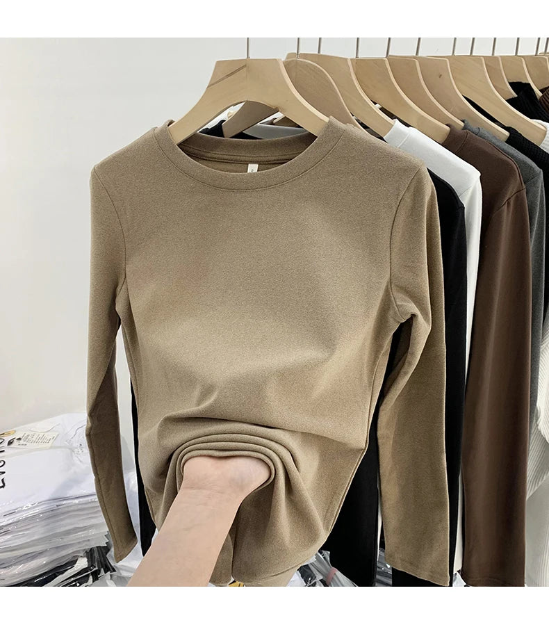 Women's Round Neck Fleece-Lined Long Sleeve Base T-Shirt ❄️ Slimming Inner Wear 👚 Korean Style Commute Fashion 🌟