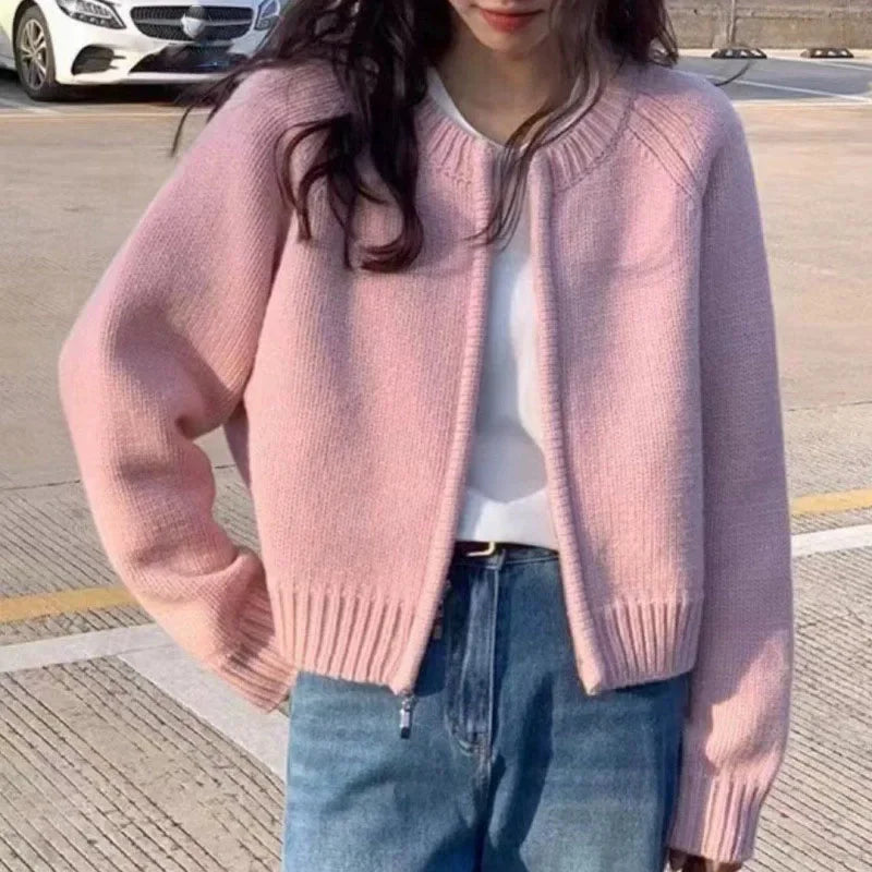 Women's Short Knitted Cardigan 2025 | Autumn Winter Solid Color Zipper Sweater Jacket