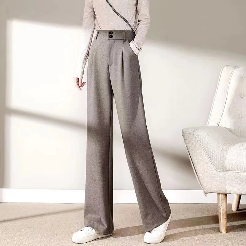 2024 Autumn Winter Women’s Woolen Wide Leg Pants – High Waist Thick Draping Trousers