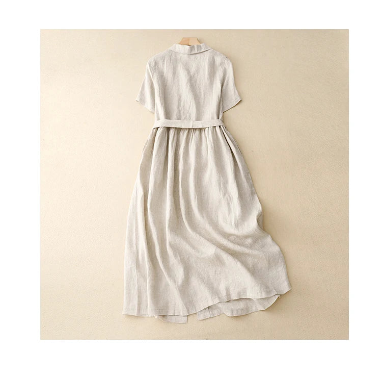 Pure Linen Shirt Dress – Women's Summer Lightweight Breathable Long Dress, Loose Plus Size with Slimming Belt