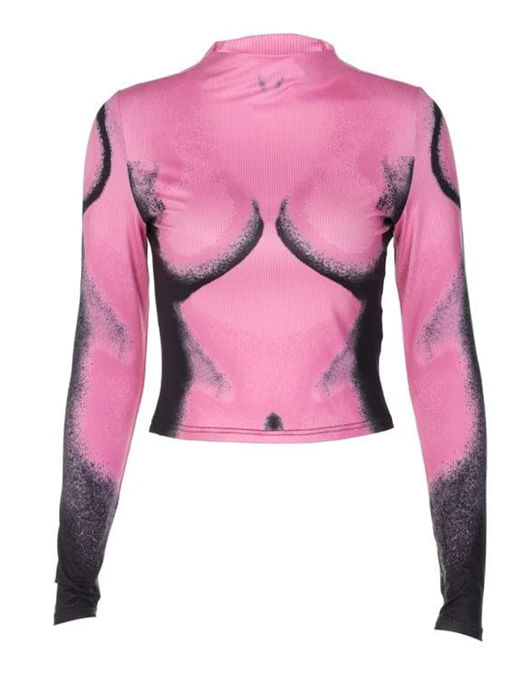 Body Portrait Printed Slim Fit Top | Women’s Long Sleeve Round Neck T-Shirt | Sexy Pink Autumn Streetwear