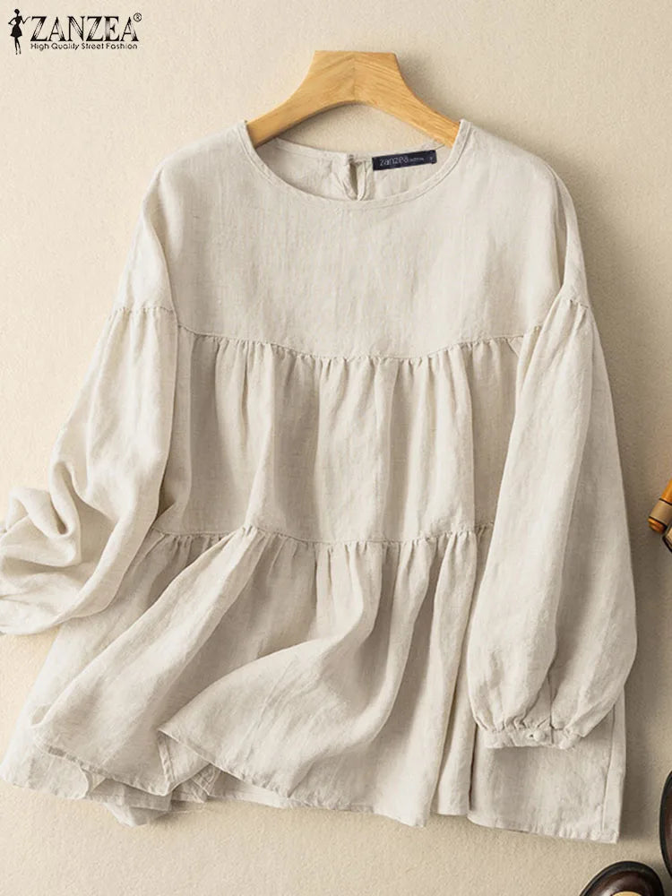 ZANZEA Autumn Vintage Cotton Blouse – Women Long Sleeve O-Neck Casual Solid Shirt 2023 👗✨