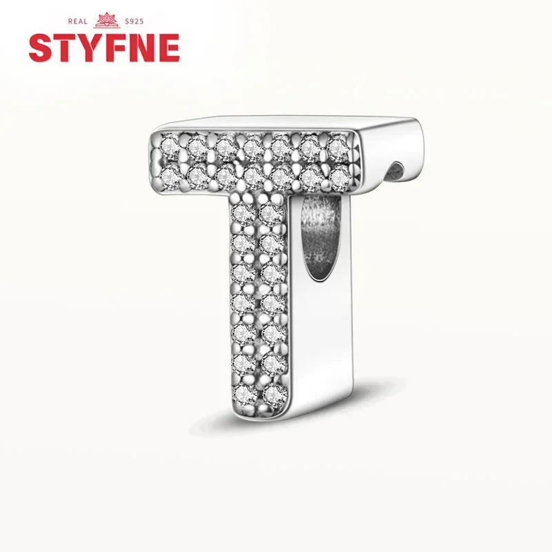 925 Sterling Silver Alphabet Letter Charm Beads with Shiny Zircon – A-Z Initial Beads for Pandora DIY Bracelet & Women’s Jewelry