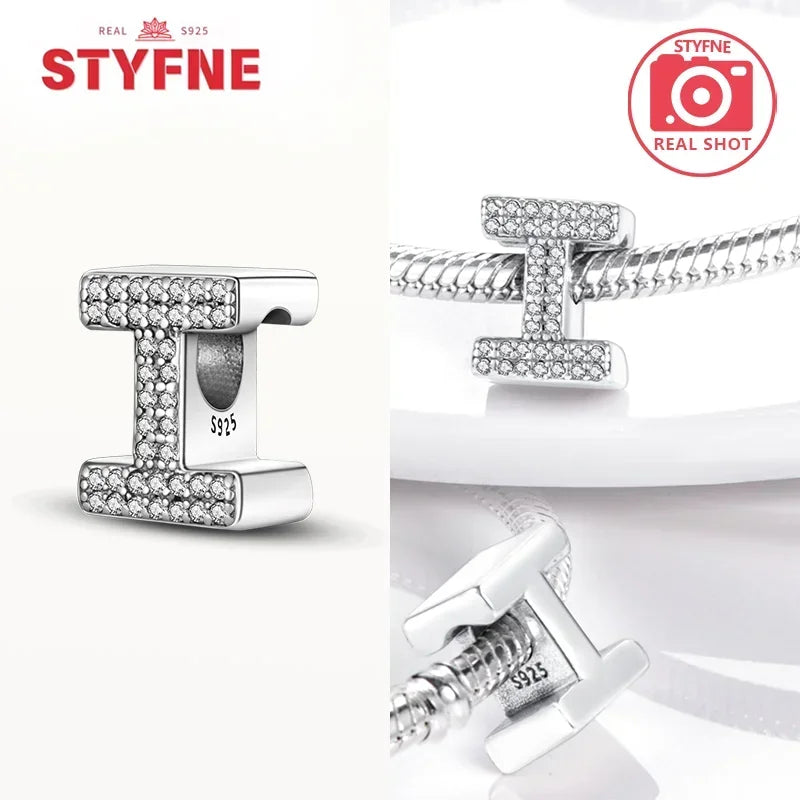 925 Sterling Silver Alphabet Letter Charm Beads with Shiny Zircon – A-Z Initial Beads for Pandora DIY Bracelet & Women’s Jewelry