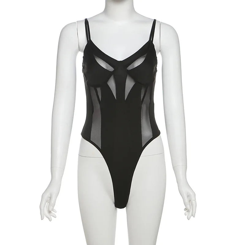 SylCue Mesh Patchwork Bodysuit – Sexy Low-Neck Backless Slim Fit Streetwear 🔥👗