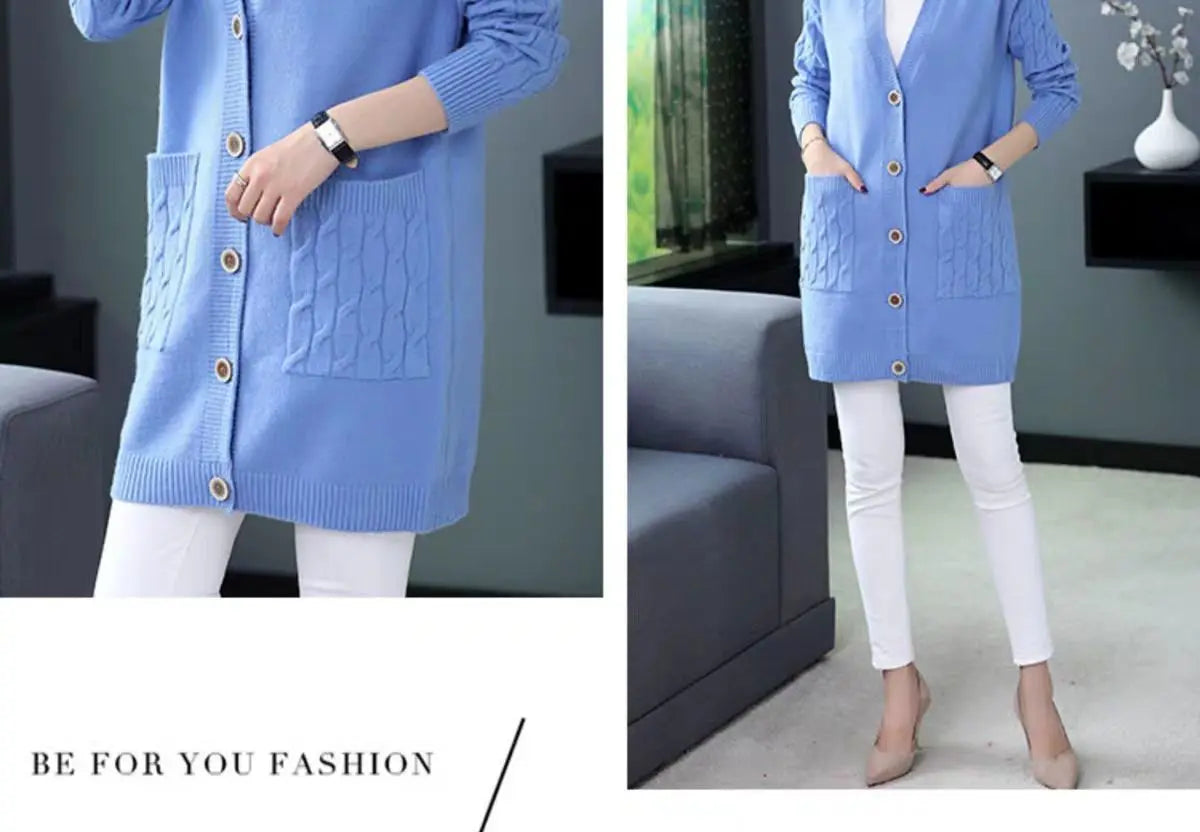 Sueter Mujer Invierno 2025 | Vintage Knitted V-Neck Cardigan | Women’s Casual Solid Sweater with Pockets