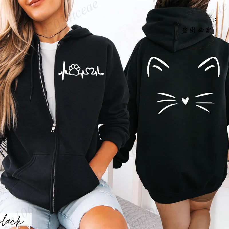 Women’s Cat Heartbeat Zipper Hoodie | Cute Zip-Up Sweatshirt | Autumn Winter Streetwear Jacket