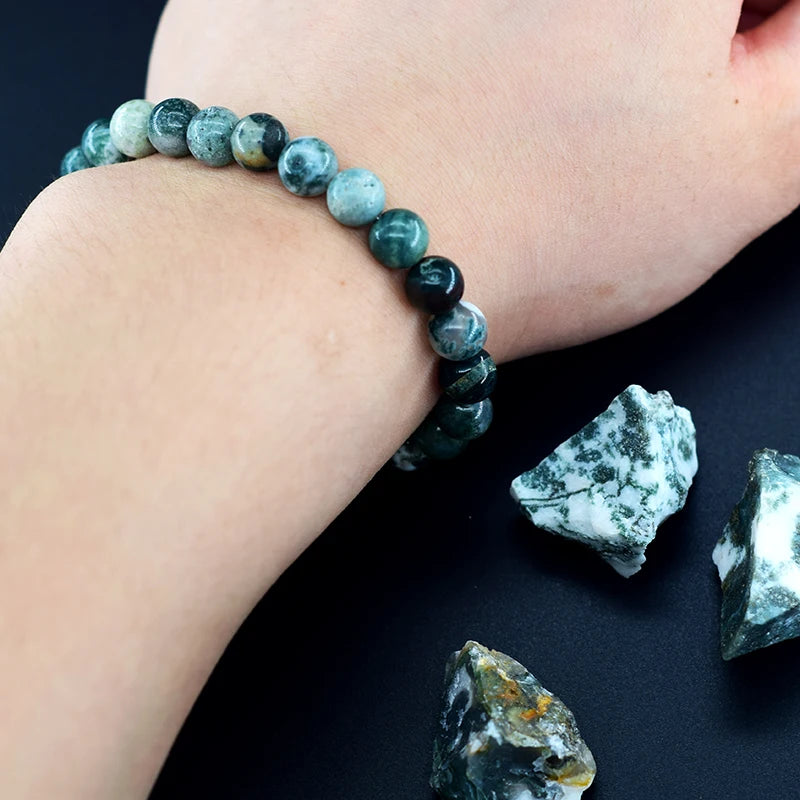 Genuine Tree Patterned Moss Agate Beads Bracelet – Natural Energy Healing Jewelry for Men & Women