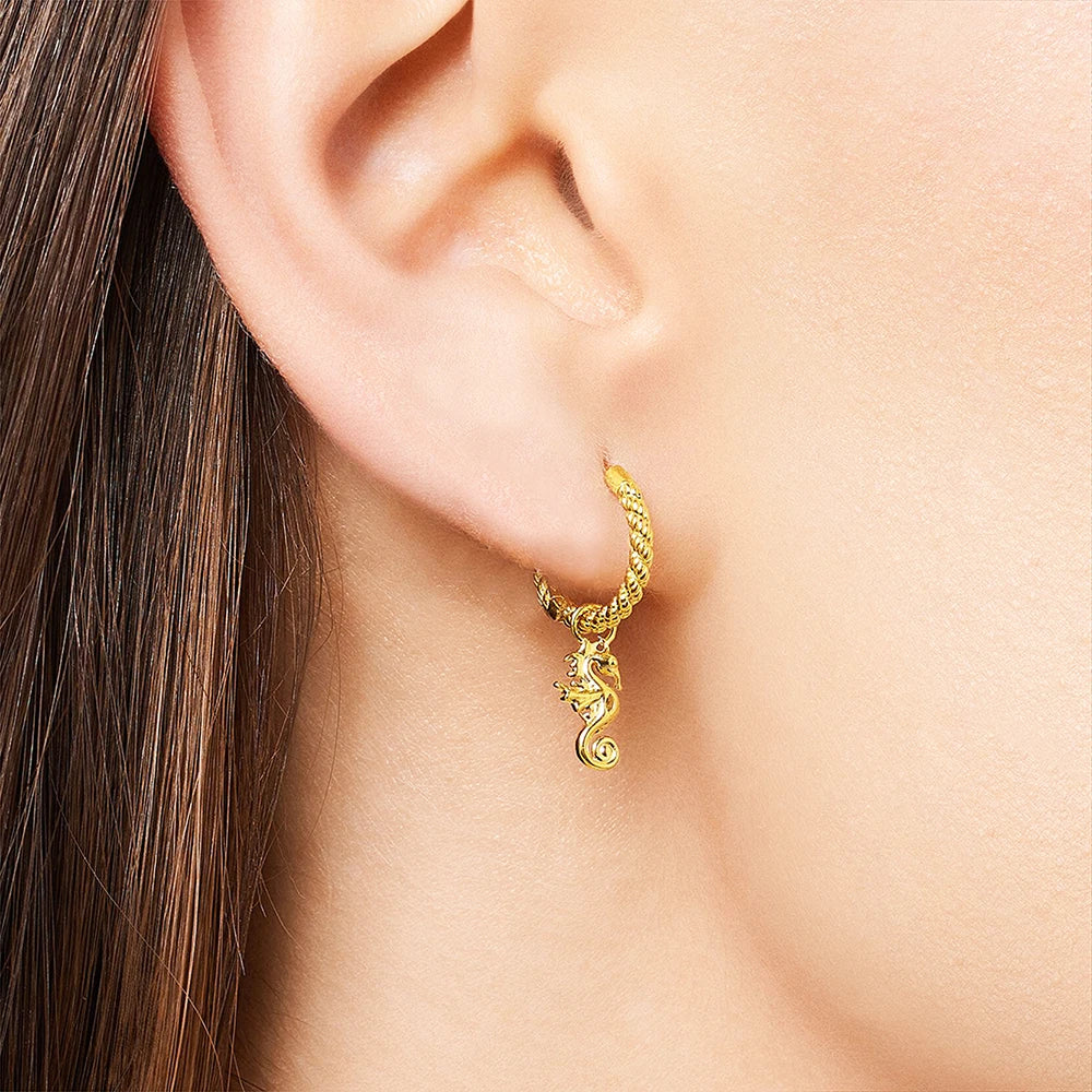 Creole Seahorse Hoop Earrings – 925 Sterling Silver Gold Hinged Hoops Europe Style Women’s Fine Jewelry Gift