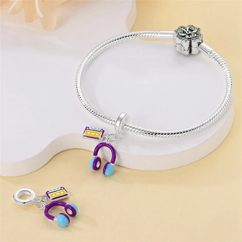 925 Silver 🎧 Enamel Earphone Charm Bead | Pandora Fit DIY Jewelry