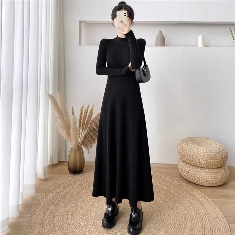 Women’s Knitted A-Line Dress – Slimming Waist Design Autumn Winter Sweater Long Dress | High-End Inner Wear