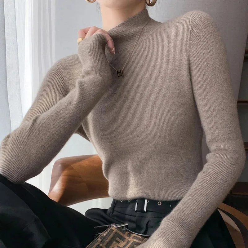 2025 Women’s Slim Fit Turtleneck Sweater – Long Sleeve Solid Color Knitted Pullover for Autumn Winter